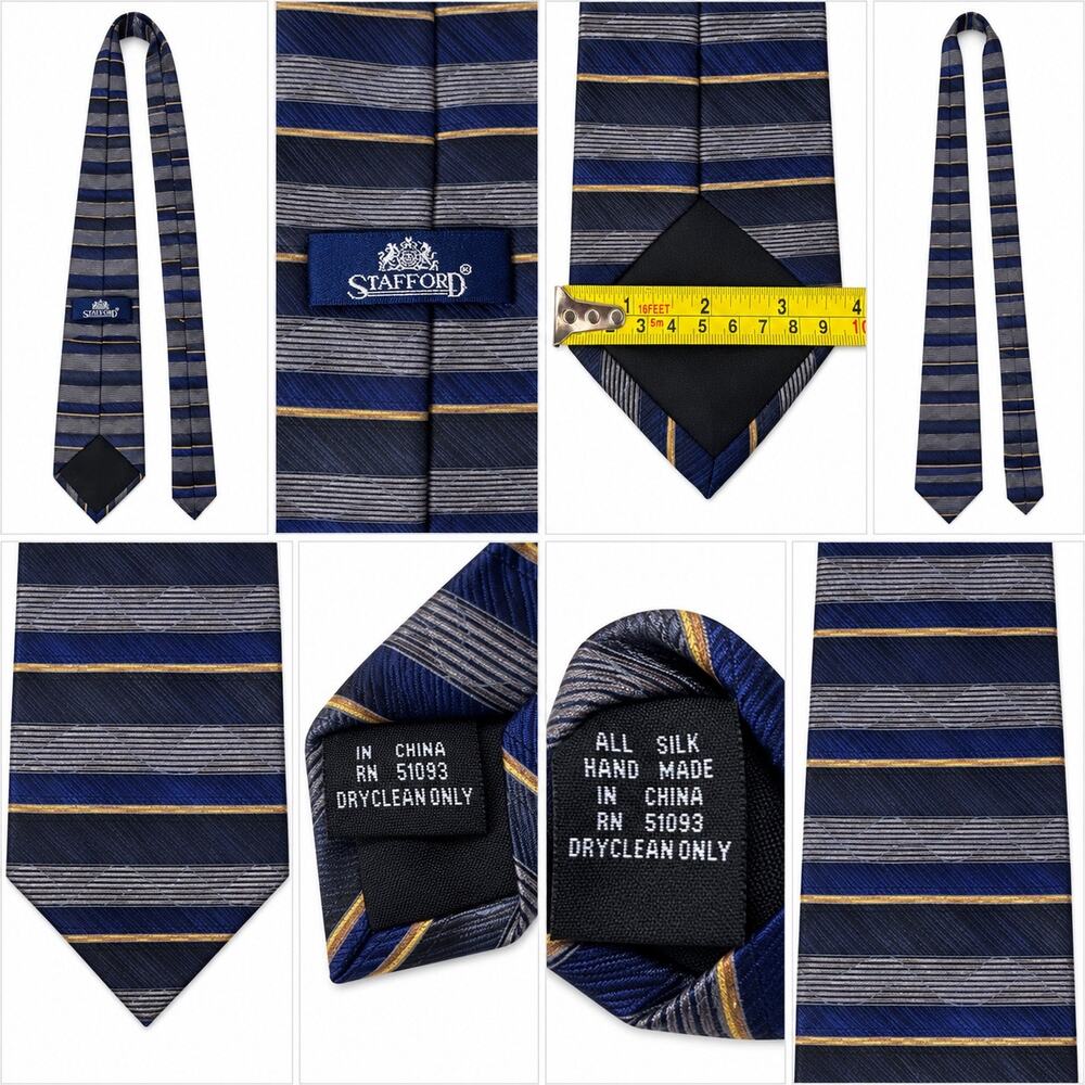Stafford Men’s All Silk Necktie Navy Gray Gold Striped Handmade Classic Tie